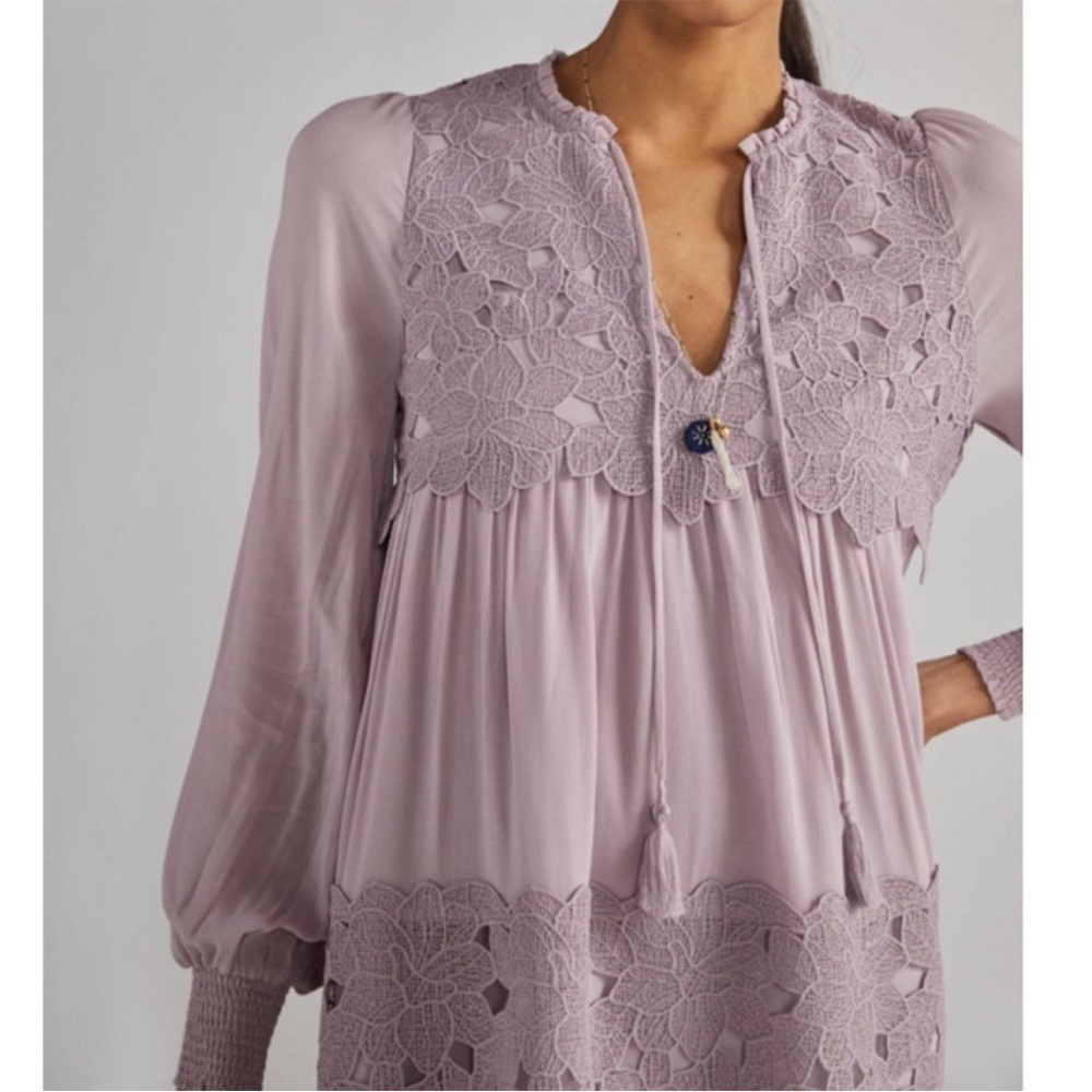 Anthropologie Embroidered Lace Tunic Dress Lilac Bohemian Size XXS Cottagecore - Picture 3 of 16